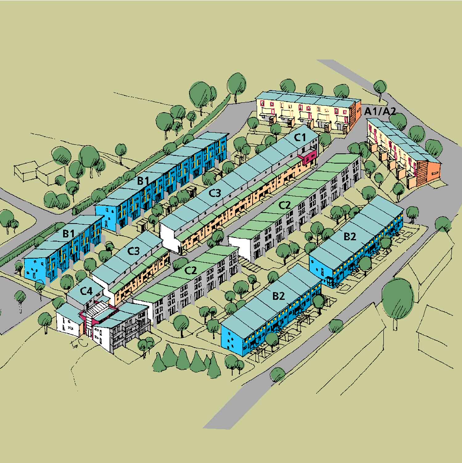Zeichnung, farbig: Vier Reihen mit Häusern, oben abgeschlossen durch zwei quer liegende Häuserreihen, mit insgesamt über siebzig Wohneinheiten.